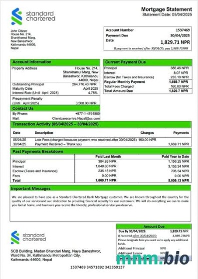 Nepal Standard Chartered Bank wyciąg z kredytu hipotecznego szablon Word i PDF